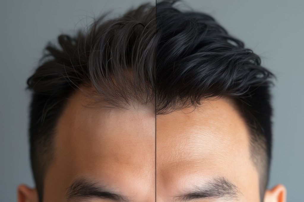 Before and after results of Regenera Activa® stem cell hair treatment showing visible hair regrowth in male patient.