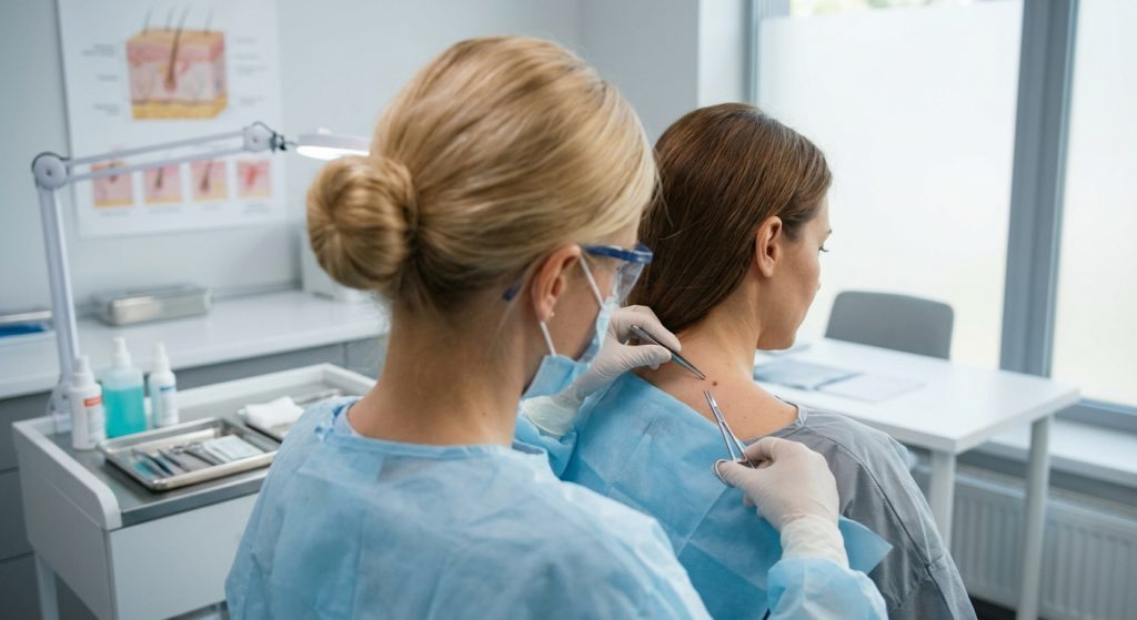 Consultant dermatologist examining a skin tag on a patient’s neck